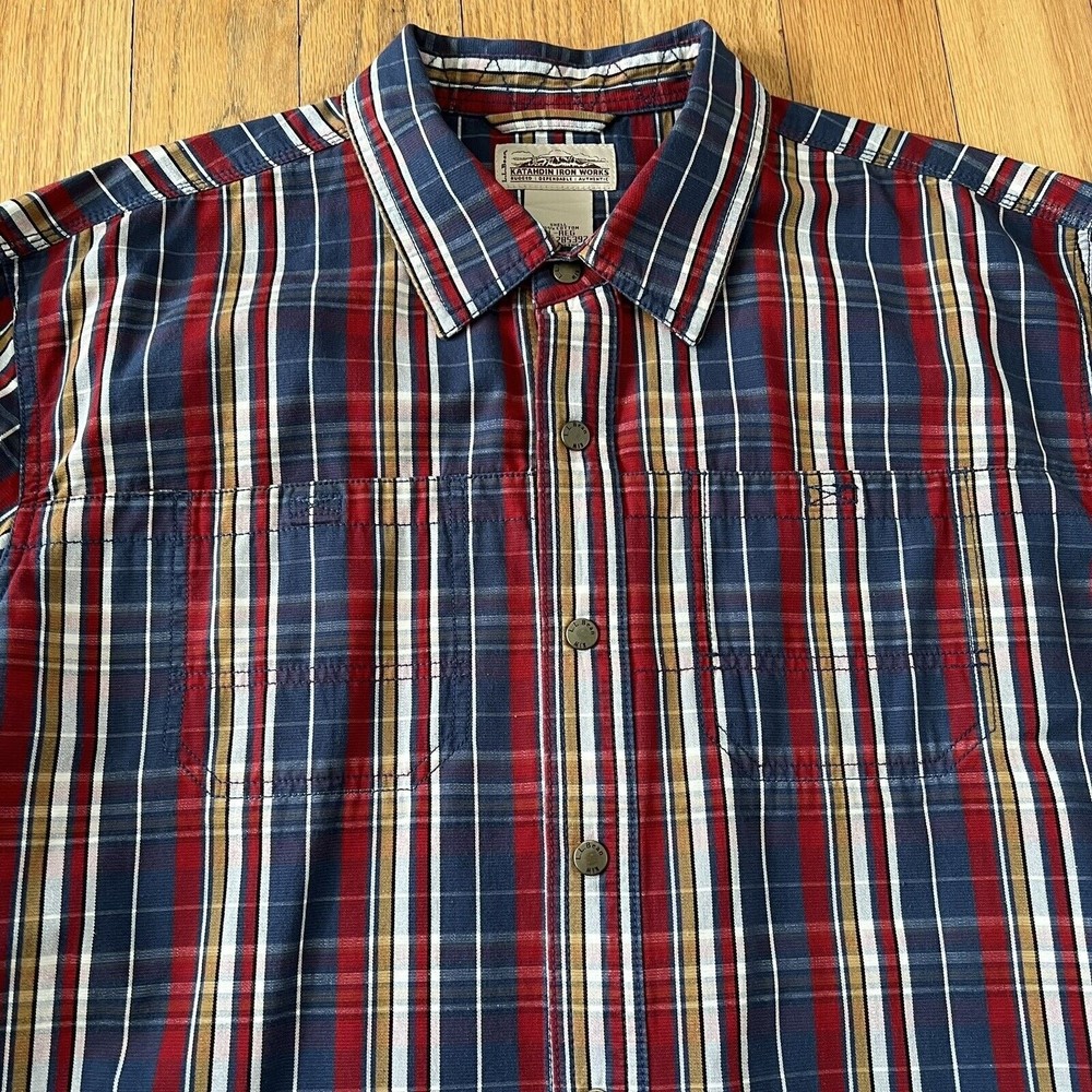 LL Bean Katahdin Iron Works Mens XL Multicolor Plaid Elbow Patch Long Sleeve